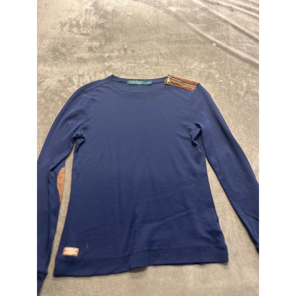 Lauren Ralph Lauren Navy Blue Long‎ Sleeve Top Elbow Patches Zipper Shoulder M